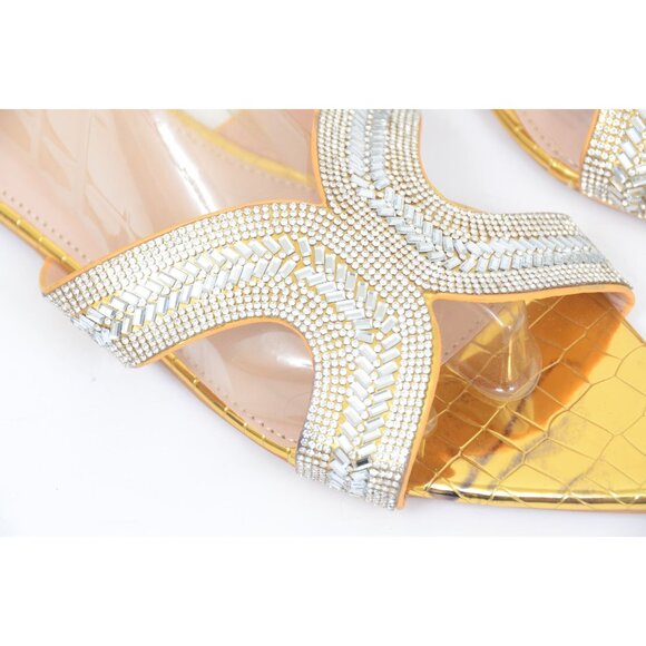 NEW Metallic Gold Rhinestones Sparkly Pointed Toe Flat Sandals Formal Flat US 10 - Picture 8 of 10